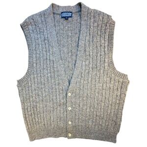 Lands End Mens sz L 100% Shetland Wool Cable Knit Vest Sweater‎ Gray Scotland